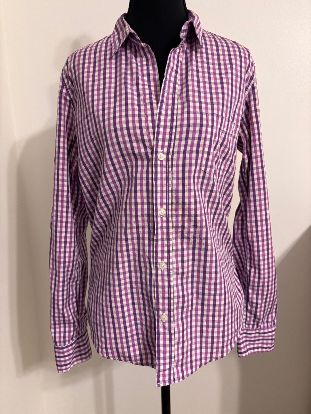 Frank & Eileen Womens S Purple Pink Gingham Plaid 2 Ply 100's cotton Button FLAW